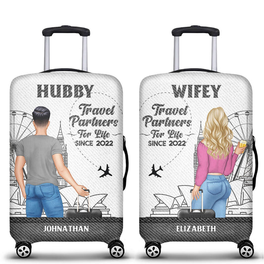 Travel Couple Hubby Wifey Partners For Life - Gift For Couples - Personalized Combo 2 Luggage Covers