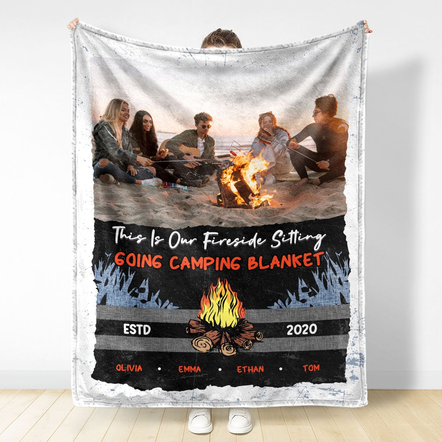 Custom Photo Fireside Sitting Going Camping - Gift For Besties, Couples And Family - Personalized Fleece Blanket