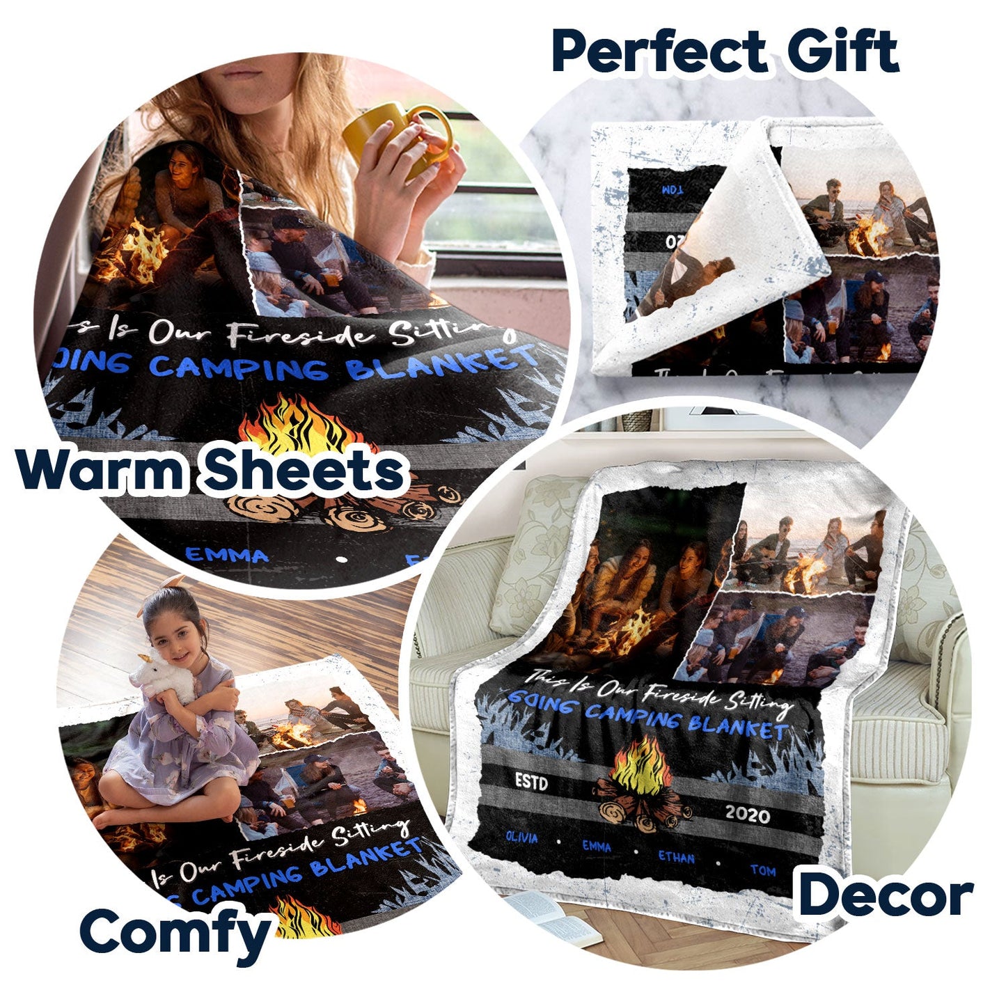 Custom Photo Fireside Sitting Going Camping - Gift For Besties, Couples And Family - Personalized Fleece Blanket