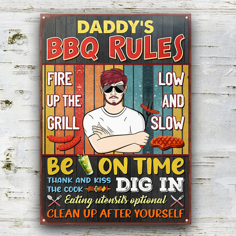 Grilling BBQ Rules Fire Up The Grill Dad Grandpa - Personalized Custom Classic Metal Signs