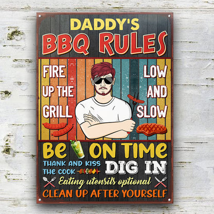 Grilling BBQ Rules Fire Up The Grill Dad Grandpa - Personalized Custom Classic Metal Signs