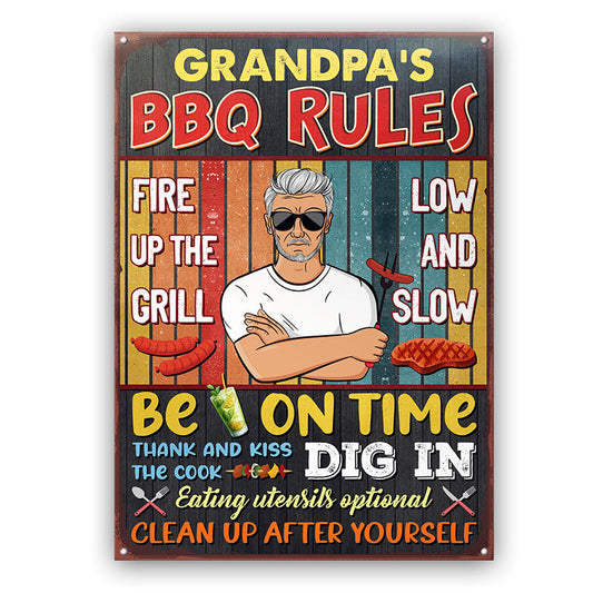 Grilling BBQ Rules Fire Up The Grill Dad Grandpa - Personalized Custom Classic Metal Signs