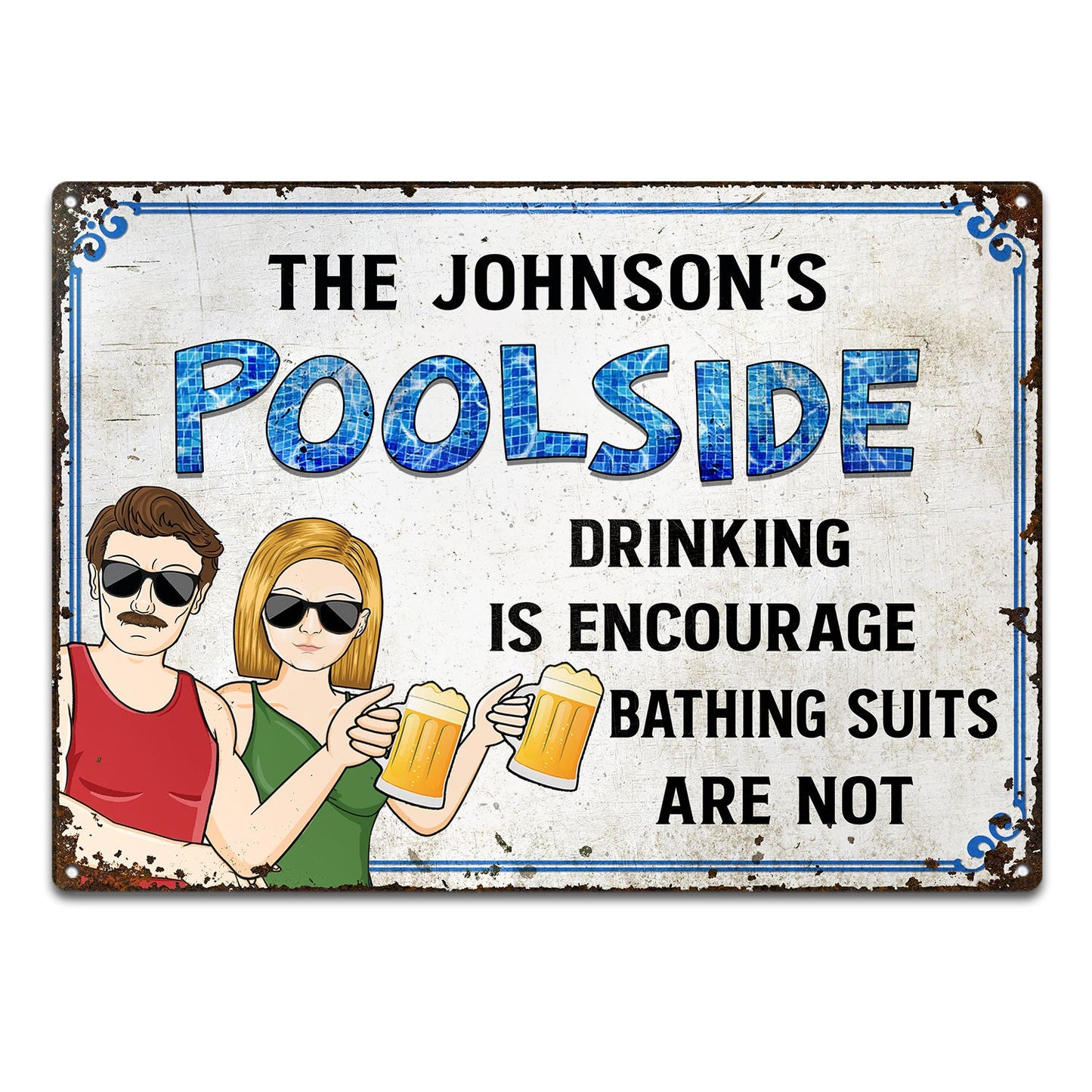 Couple Poolside Drinking Is Encourage - Personalized Classic Metal Signs