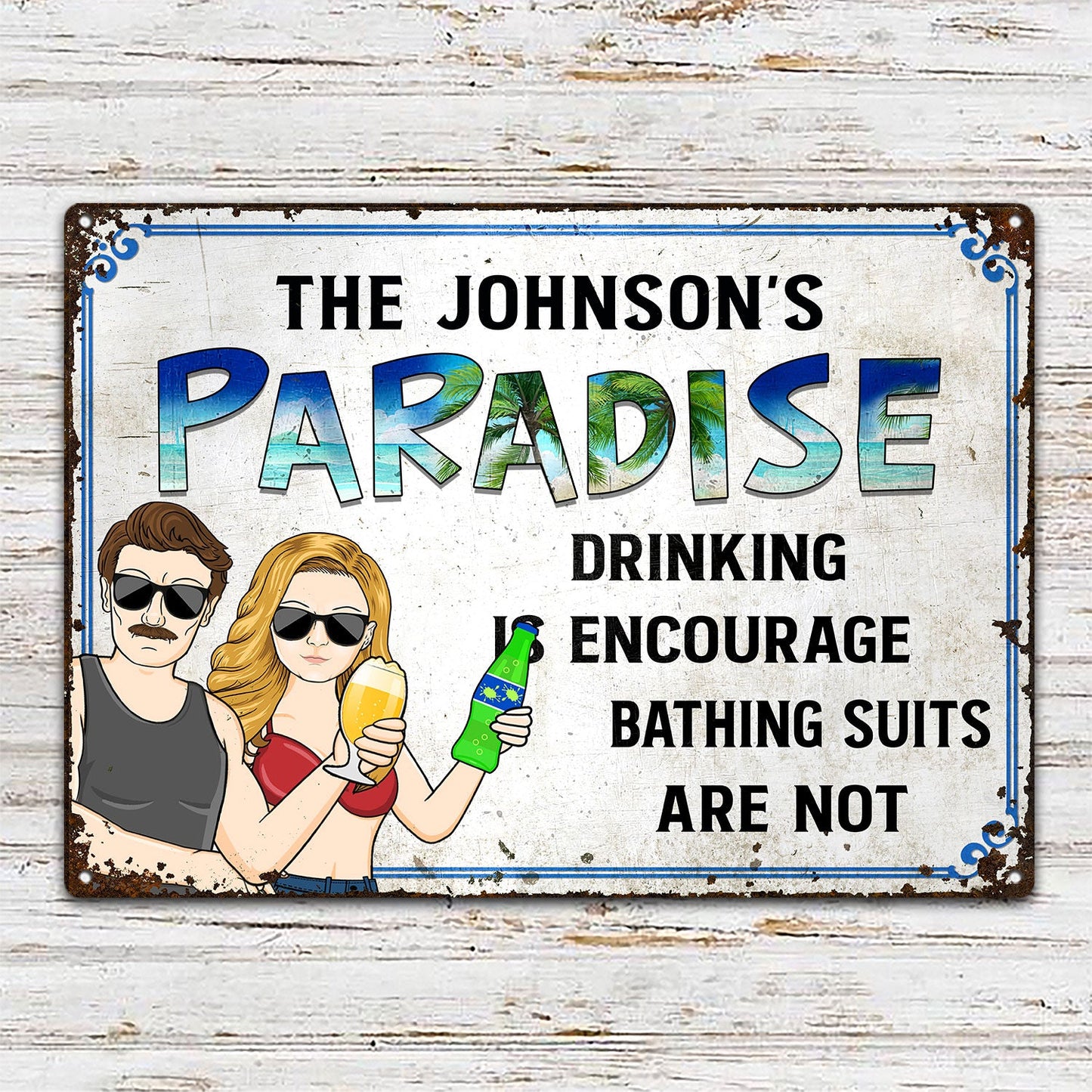 Couple Poolside Drinking Is Encourage - Personalized Classic Metal Signs