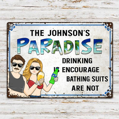 Couple Poolside Drinking Is Encourage - Personalized Classic Metal Signs