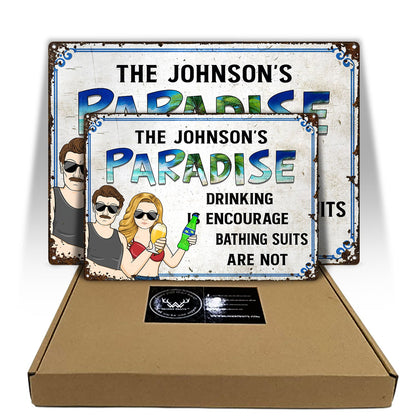 Couple Poolside Drinking Is Encourage - Personalized Classic Metal Signs