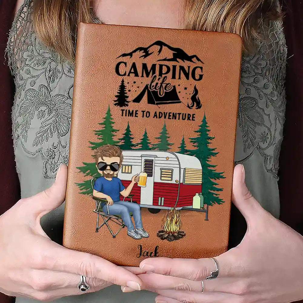 Camping And So The Adventure Begins - Personalized Leather Journal