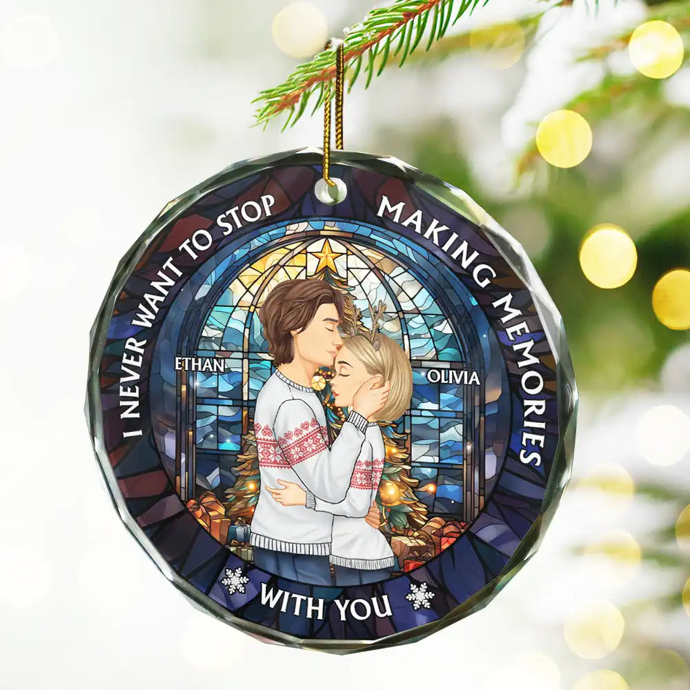 Christmas Couple Sideview Stained Glass Making Memories - Personalized Circle Glass Ornament