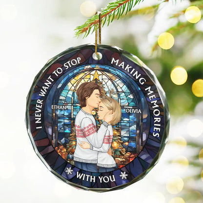Christmas Couple Sideview Stained Glass Making Memories - Personalized Circle Glass Ornament