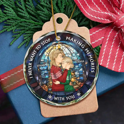 Christmas Couple Sideview Stained Glass Making Memories - Personalized Circle Glass Ornament