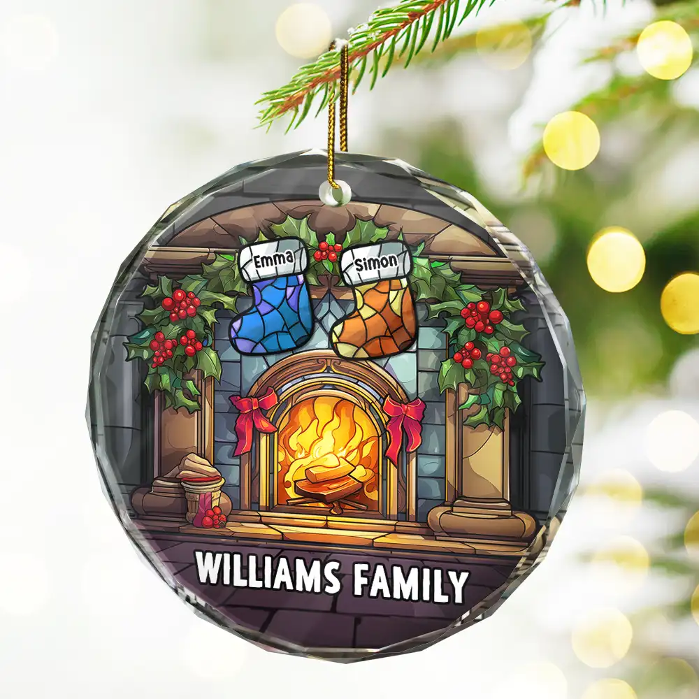 Christmas Stocking On Fireplace Family - Personalized Circle Acrylic Ornament