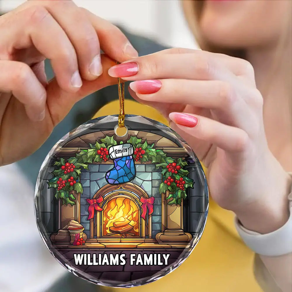 Christmas Stocking On Fireplace Family - Personalized Circle Acrylic Ornament