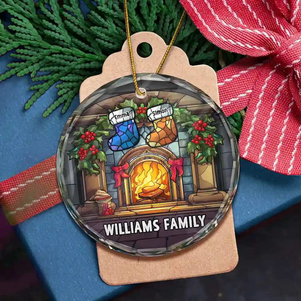 Christmas Stocking On Fireplace Family - Personalized Circle Acrylic Ornament