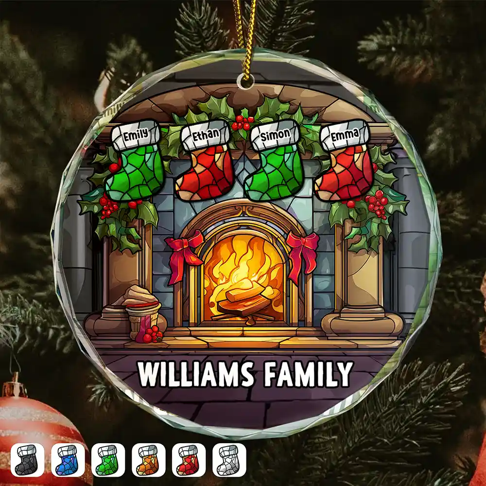 Christmas Stocking On Fireplace Family - Personalized Circle Acrylic Ornament