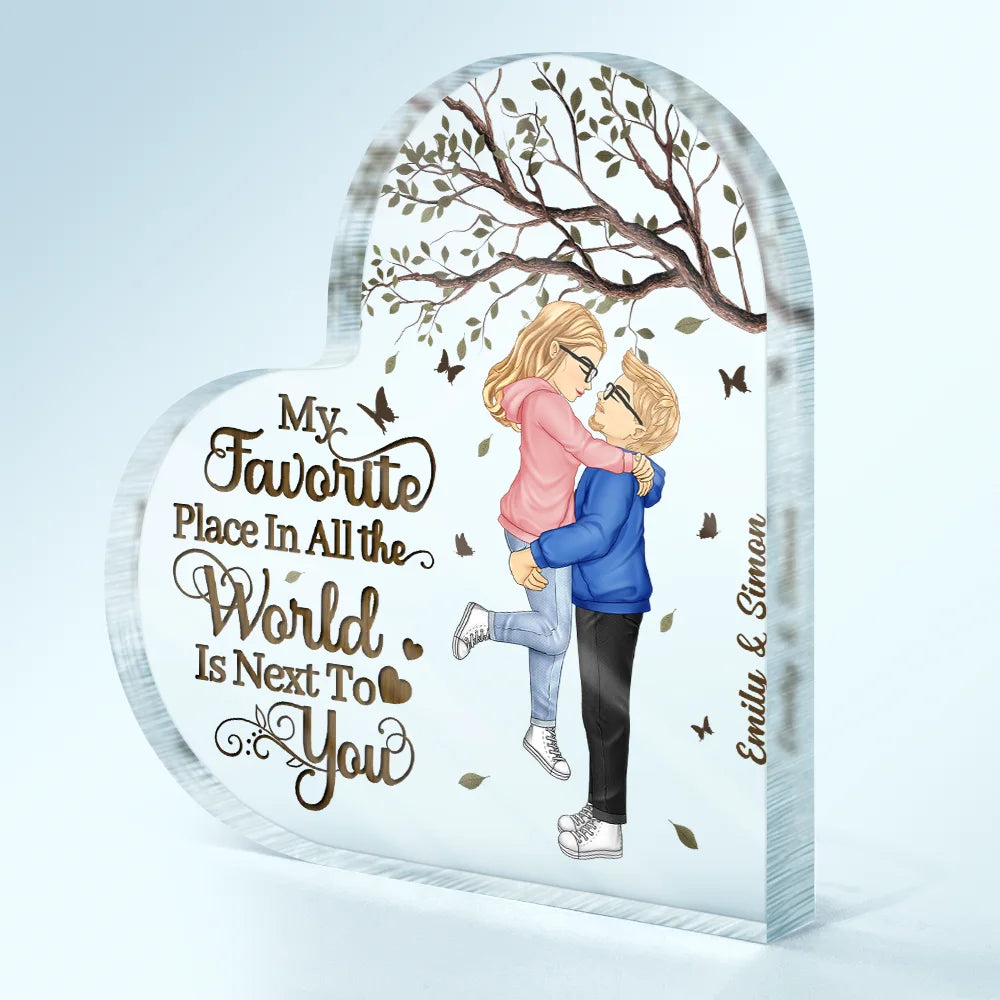 Couple My Favorite Place In All The World - Personalized Heart Shaped Acrylic Plaque