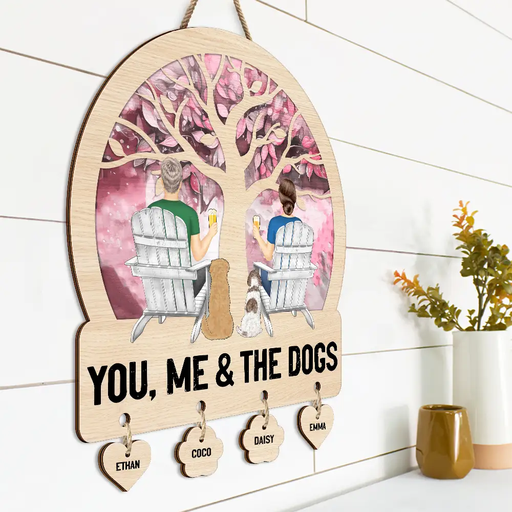 Four Seasons You, Me And The Dog - Personalized Custom Shaped Wood Sign With Wooden Tags