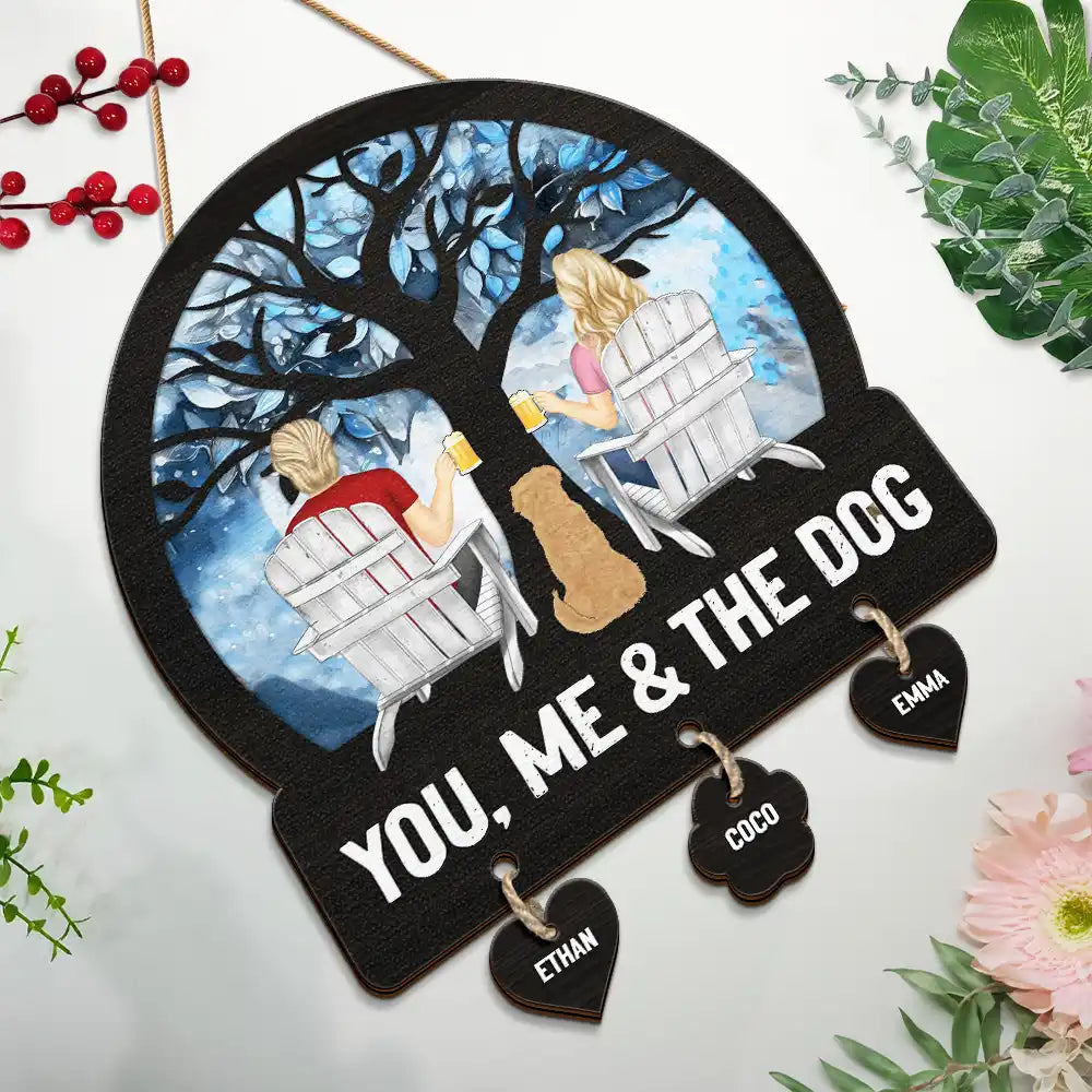 Four Seasons You, Me And The Dog - Personalized Custom Shaped Wood Sign With Wooden Tags