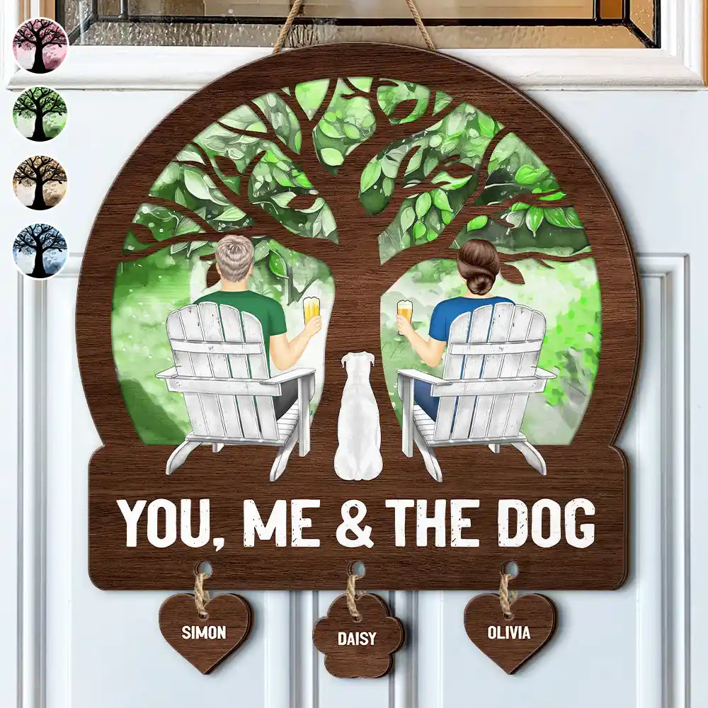 Four Seasons You, Me And The Dog - Personalized Custom Shaped Wood Sign With Wooden Tags