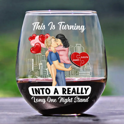 Kissing Couple Into A Really Long One Night Stand - Personalized Stemless Wine Glass