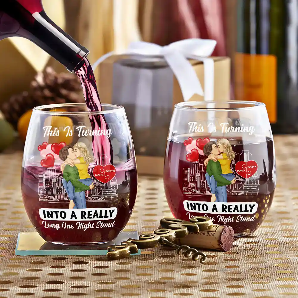 Kissing Couple Into A Really Long One Night Stand - Personalized Stemless Wine Glass