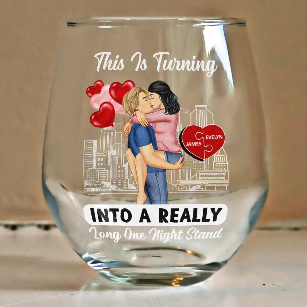 Kissing Couple Into A Really Long One Night Stand - Personalized Stemless Wine Glass