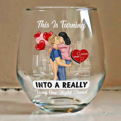 Kissing Couple Into A Really Long One Night Stand - Personalized Stemless Wine Glass