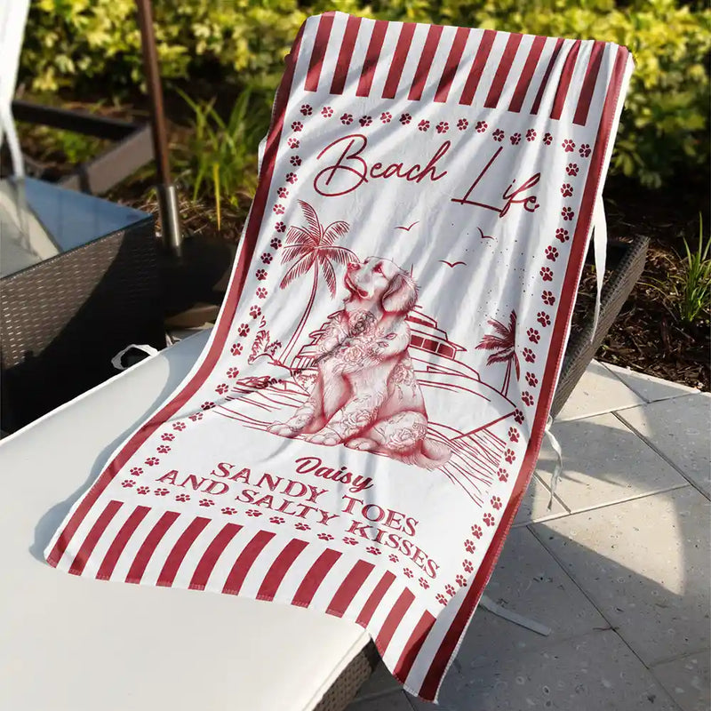 Summer Toile Dog Lover Beach Life Sandy Toes And Salty Kisses - Personalized Beach Towel
