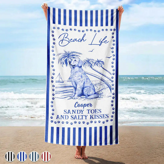 Summer Toile Dog Lover Beach Life Sandy Toes And Salty Kisses - Personalized Beach Towel