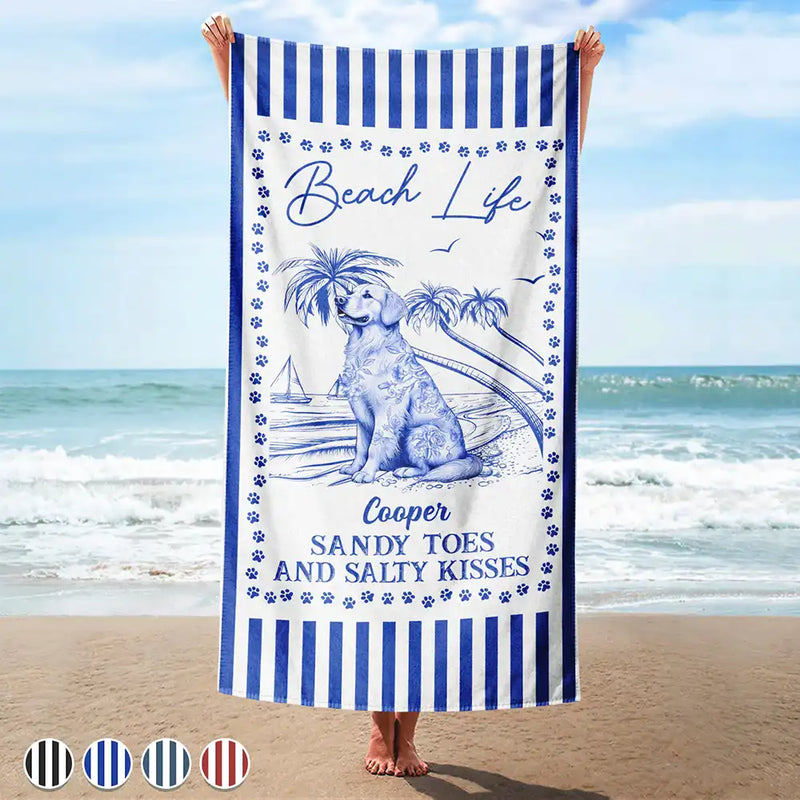 Summer Toile Dog Lover Beach Life Sandy Toes And Salty Kisses - Personalized Beach Towel