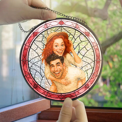 Custom Photo Caricature Funny Couple Family - Personalized Stained Glass Window Hanging Suncatcher