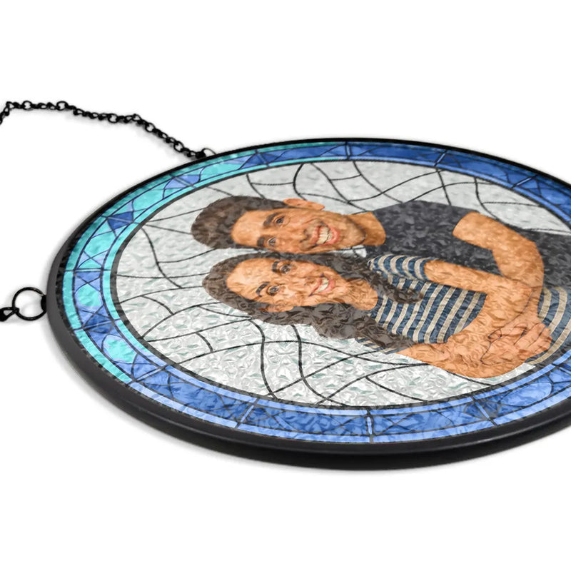 Custom Photo Caricature Funny Couple Family - Personalized Stained Glass Window Hanging Suncatcher