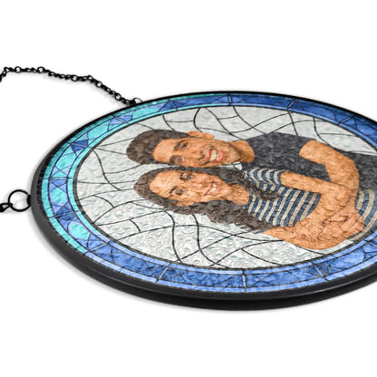 Custom Photo Caricature Funny Couple Family - Personalized Stained Glass Window Hanging Suncatcher