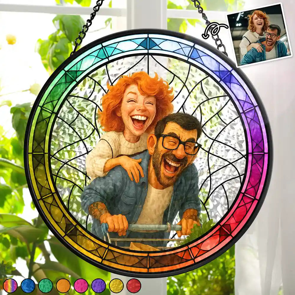 Custom Photo Caricature Funny Couple Family - Personalized Stained Glass Window Hanging Suncatcher