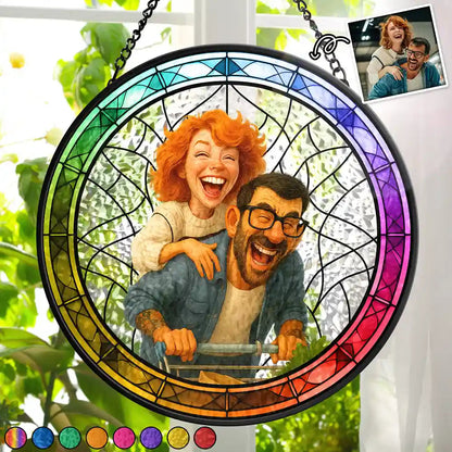 Custom Photo Caricature Funny Couple Family - Personalized Stained Glass Window Hanging Suncatcher