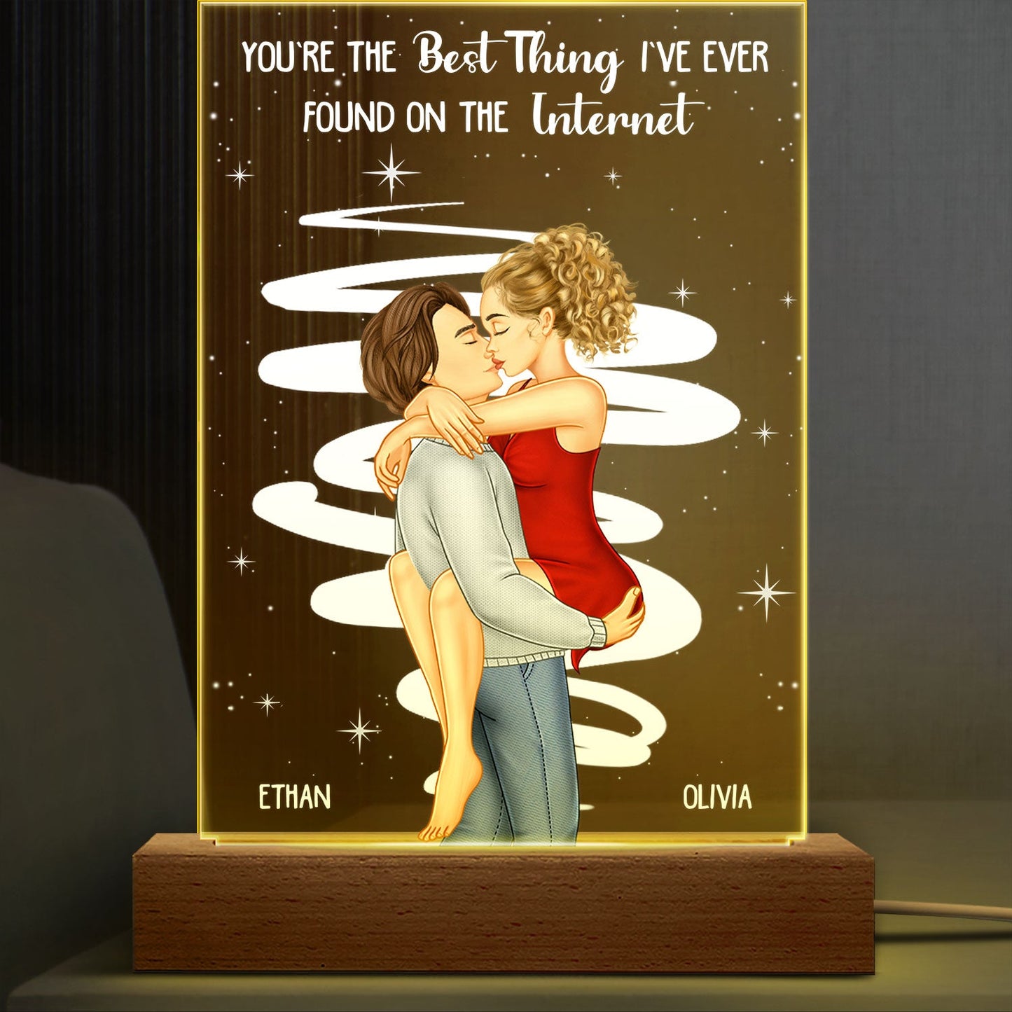 Kissing Couple Best Thing On The Internet - Gift For Couples - Personalized 3D Led Light Wooden Base