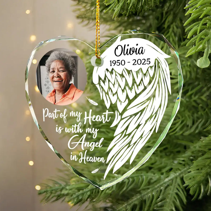 Custom Photo Part Of My Heart Is With My Angel In Heaven - Personalized Heart Shaped Acrylic Ornament