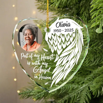 Custom Photo Part Of My Heart Is With My Angel In Heaven - Personalized Heart Shaped Acrylic Ornament