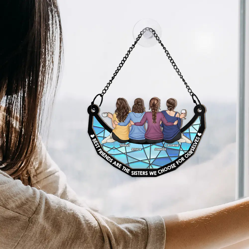 Not Sister By Blood But Sisters By Heart - Personalized Window Hanging Suncatcher Ornament