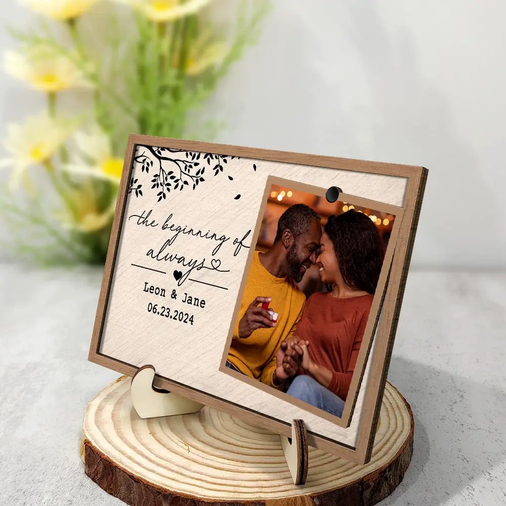 Custom Photo Engaged Married Couple - Personalized 2-Layered Wooden Plaque With Stand