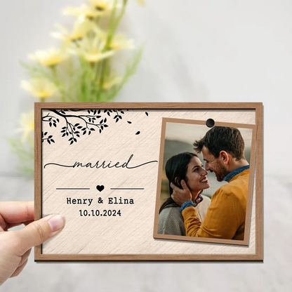 Custom Photo Engaged Married Couple - Personalized 2-Layered Wooden Plaque With Stand