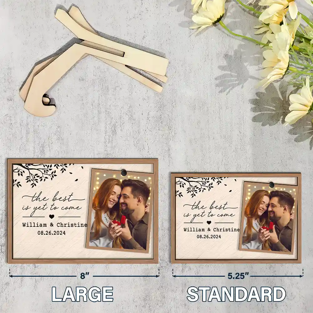 Custom Photo Engaged Married Couple - Personalized 2-Layered Wooden Plaque With Stand