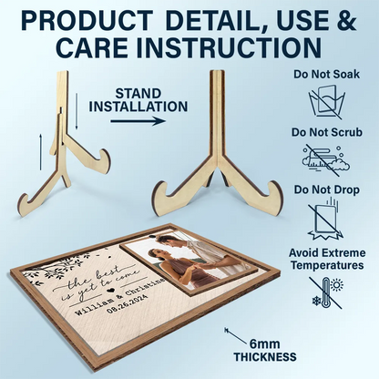 Custom Photo Engaged Married Couple - Personalized 2-Layered Wooden Plaque With Stand