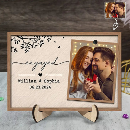 Custom Photo Engaged Married Couple - Personalized 2-Layered Wooden Plaque With Stand