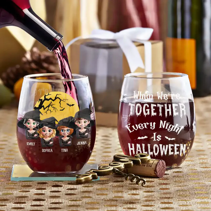 Halloween Besties Sugar & Spice - Personalized Stemless Wine Glass