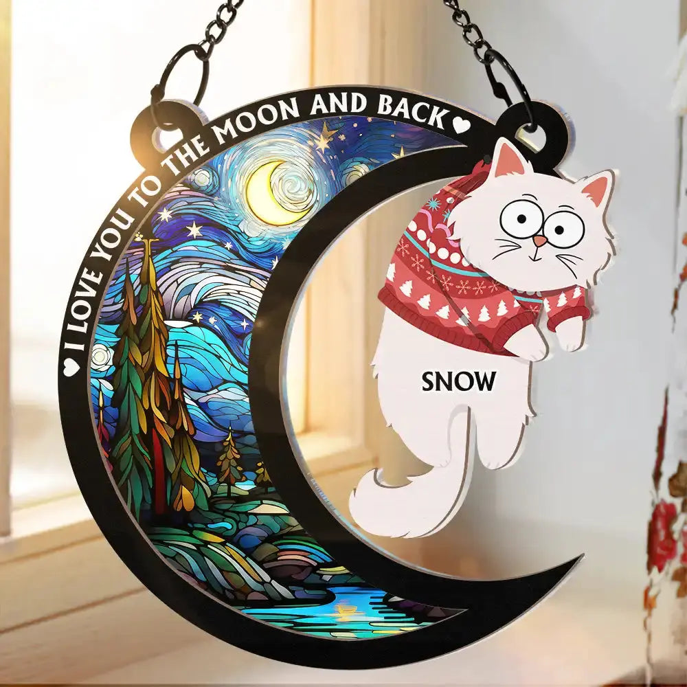 Hanging Cat I Love You To The Moon And Back - Personalized Window Hanging Suncatcher Ornament Hanging Suncatcher Ornament The Next Custom Gift