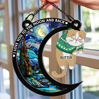 Hanging Cat I Love You To The Moon And Back - Personalized Window Hanging Suncatcher Ornament Hanging Suncatcher Ornament The Next Custom Gift