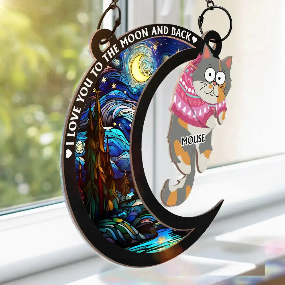 Hanging Cat I Love You To The Moon And Back - Personalized Window Hanging Suncatcher Ornament Hanging Suncatcher Ornament The Next Custom Gift