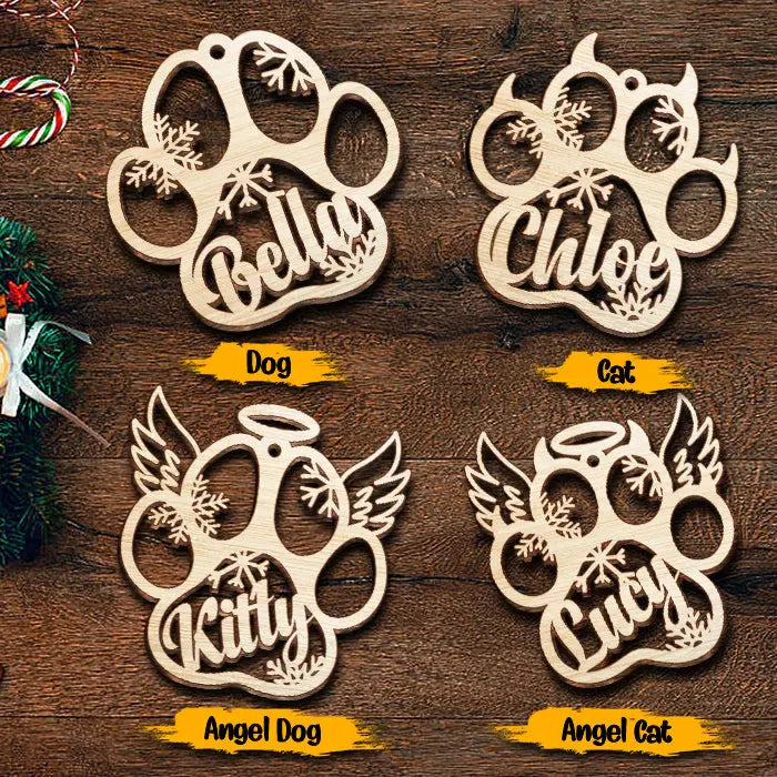 Happy Christmas With Fur Babies - Personalized Custom Paw Shaped Wood Christmas Ornament (Dog, Cat & Angel Wings) - Customized Decoration Gift Ornament The Next Custom Gift