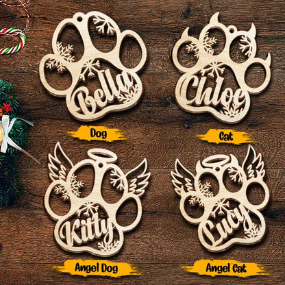 Happy Christmas With Fur Babies - Personalized Custom Paw Shaped Wood Christmas Ornament (Dog, Cat & Angel Wings) - Customized Decoration Gift Ornament The Next Custom Gift