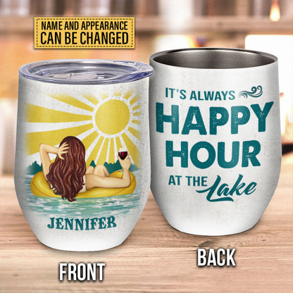 Happy Hour At The Lake Custom Wine Tumbler, Gift For Best Friends